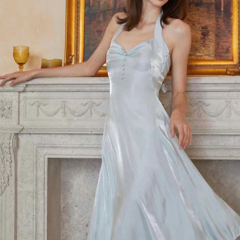 ELEGANT Pale Blue Satin Midi